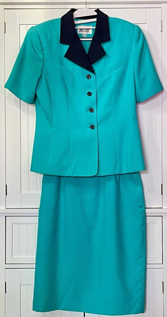 Morgan Miller Vintage 90s Turquoise Short Sleeve Blazer Jacket & Skirt Suit
